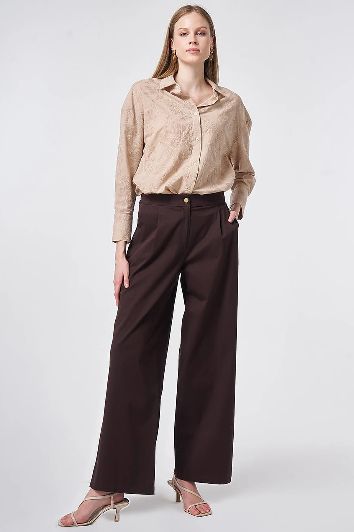 Pleated Wide Leg Trousers Dark Brown
