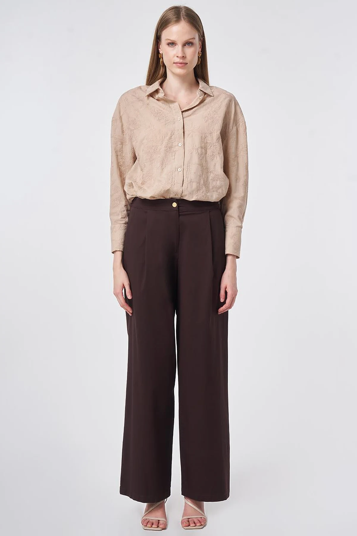 Pleated Wide Leg Trousers Dark Brown