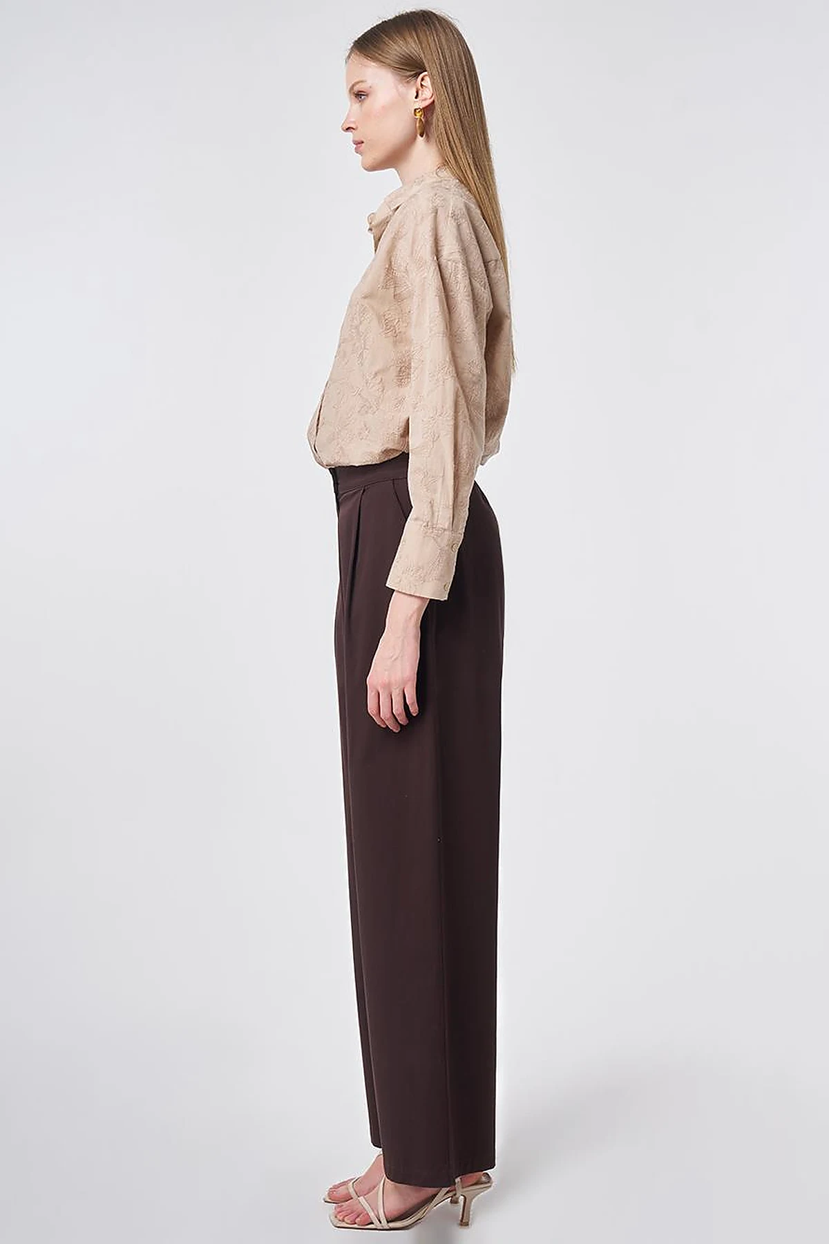 Pleated Wide Leg Trousers Dark Brown