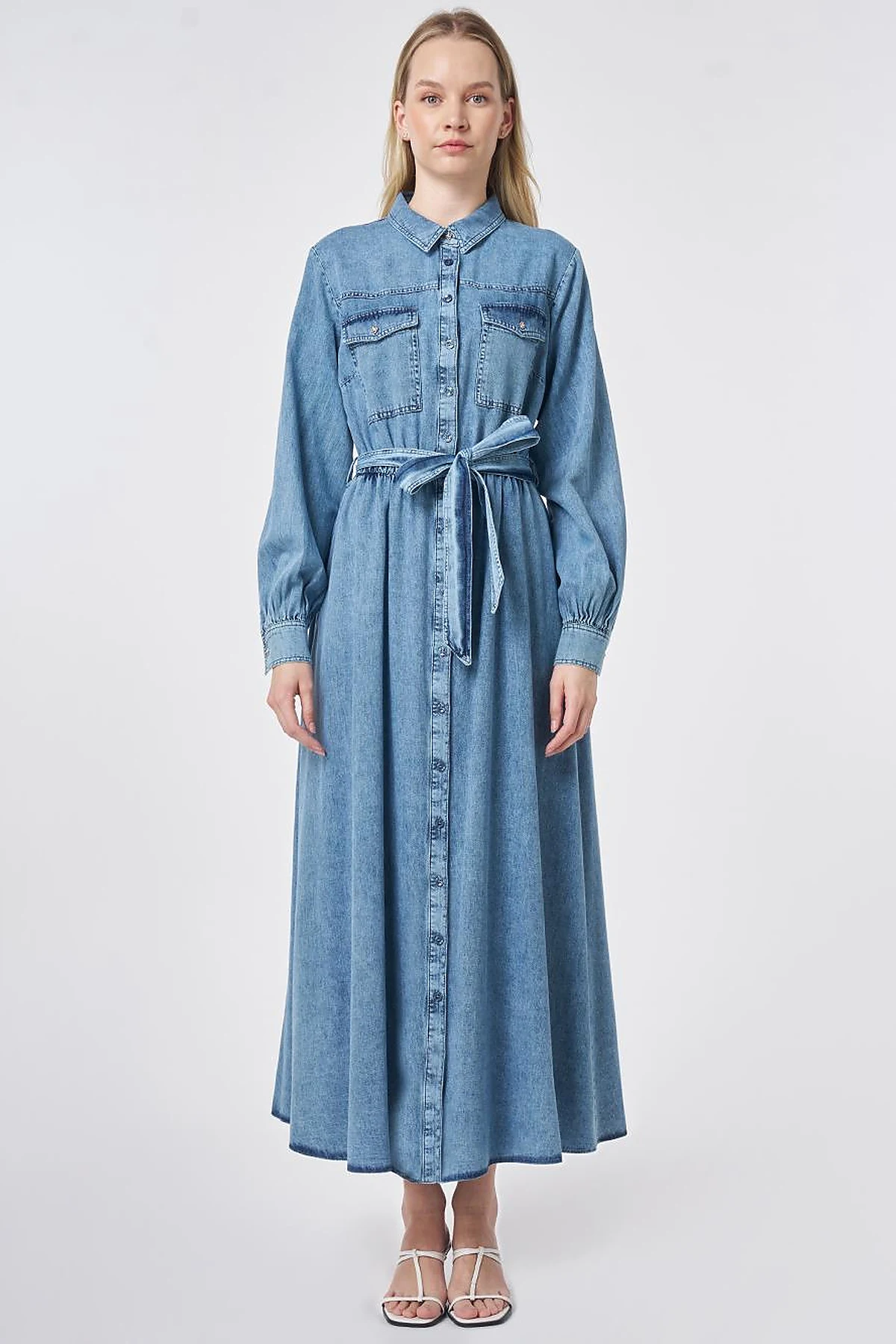 Washed Belted Dress Blue