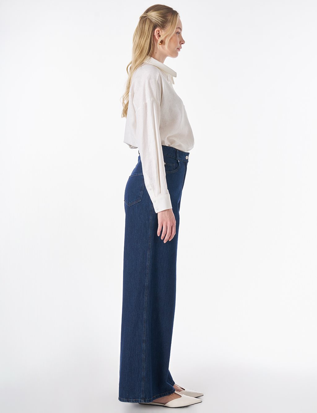 Washed Wide Leg Denim Trousers Navy