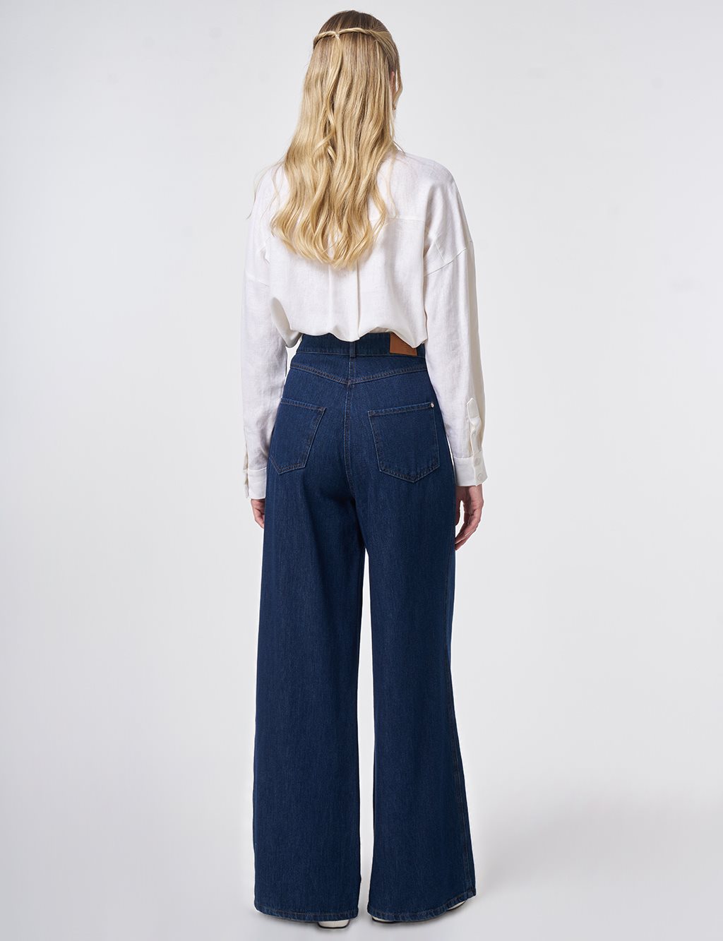 Washed Wide Leg Denim Trousers Navy