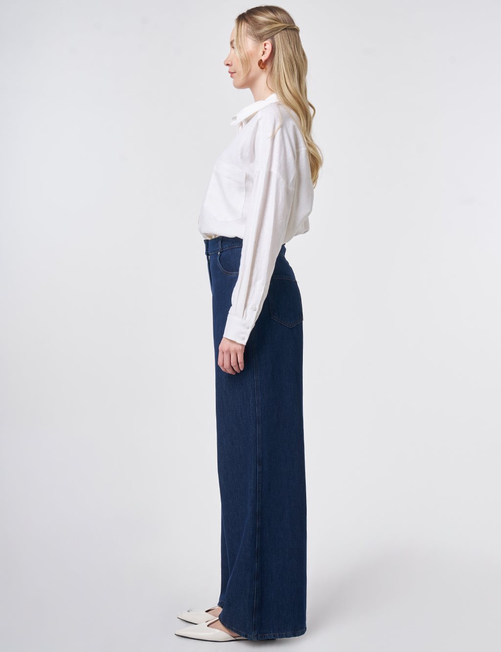 Washed Wide Leg Denim Trousers Navy