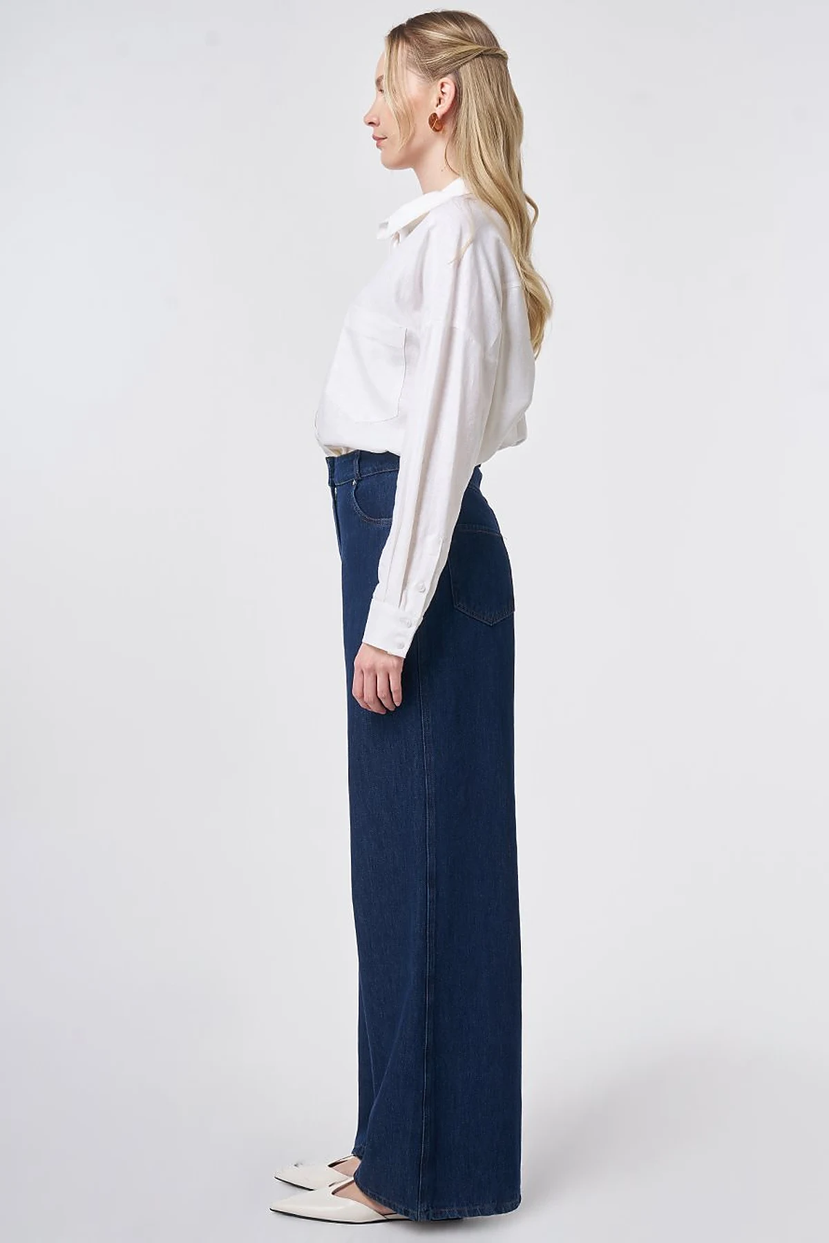 Washed Wide Leg Denim Trousers Navy