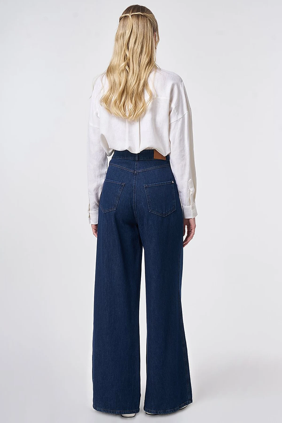 Washed Wide Leg Denim Trousers Navy