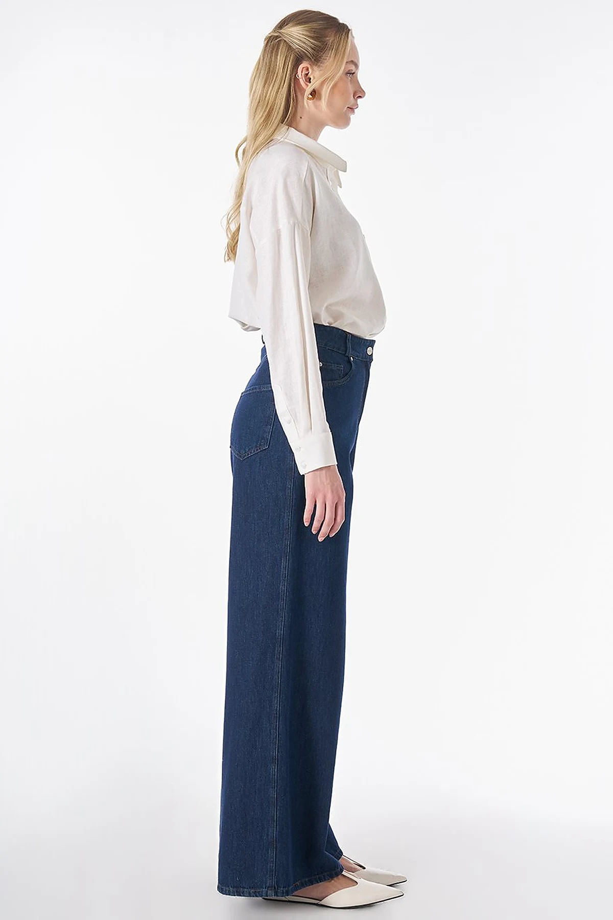Washed Wide Leg Denim Trousers Navy