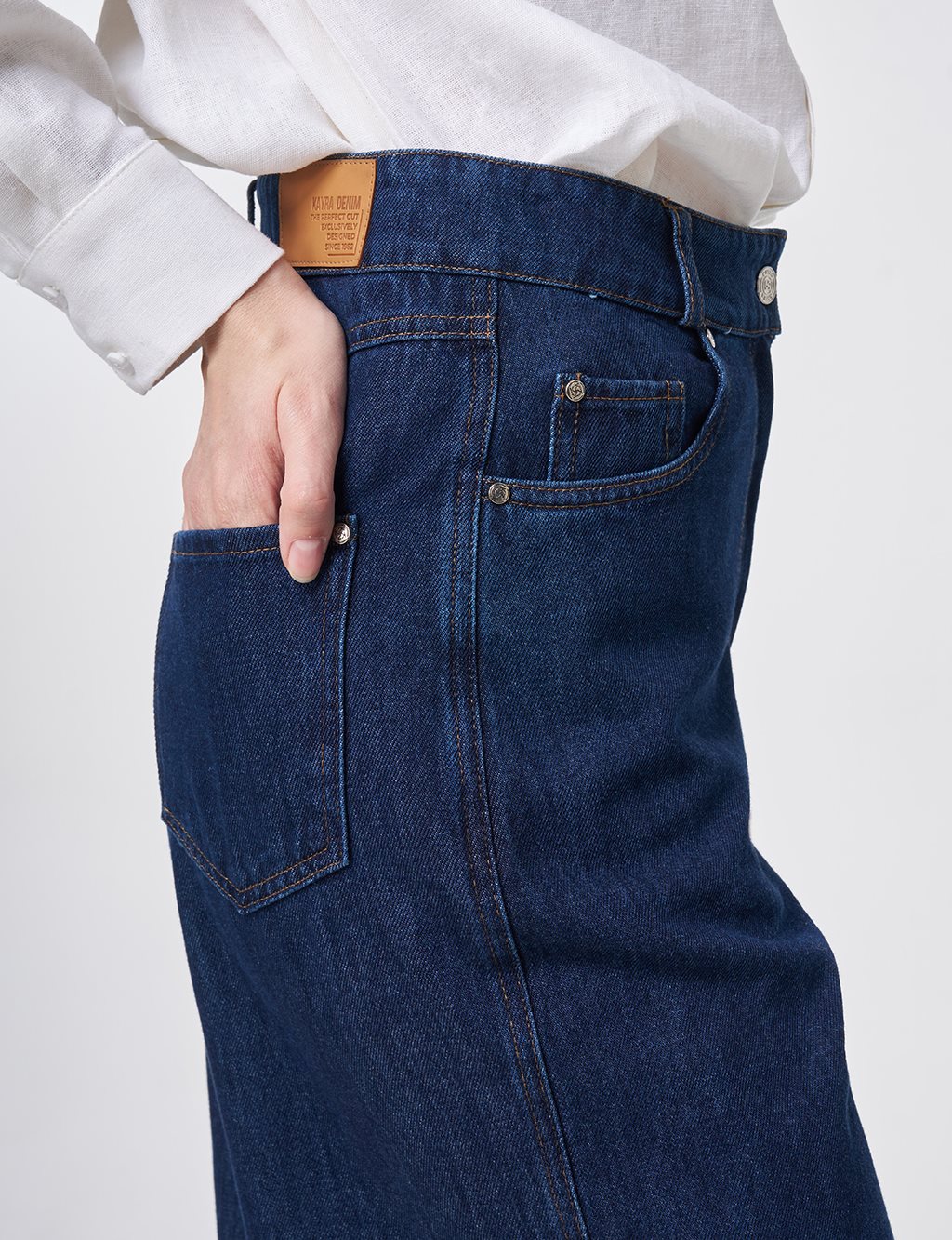 Washed Wide Leg Denim Trousers Navy