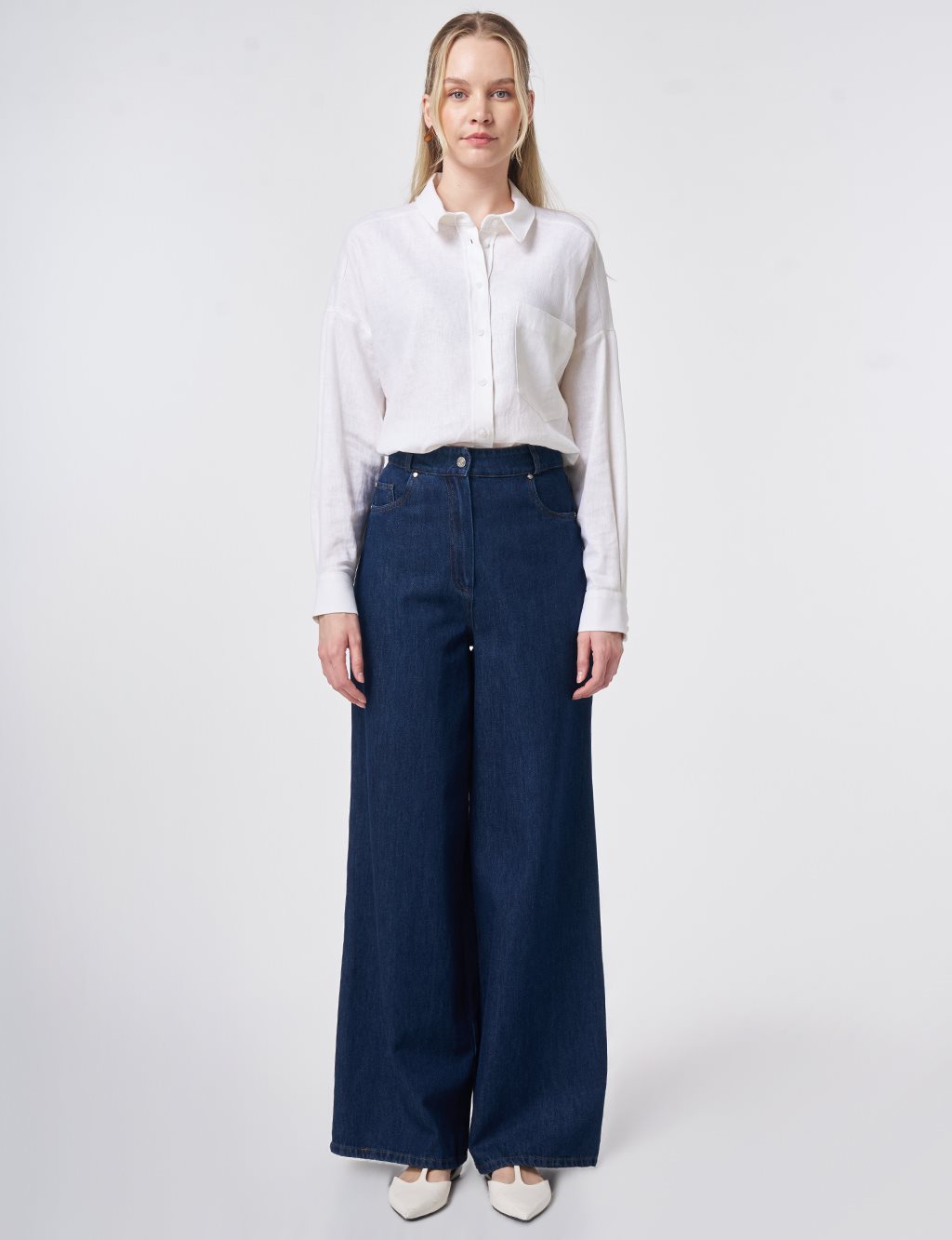 Washed Wide Leg Denim Trousers Navy