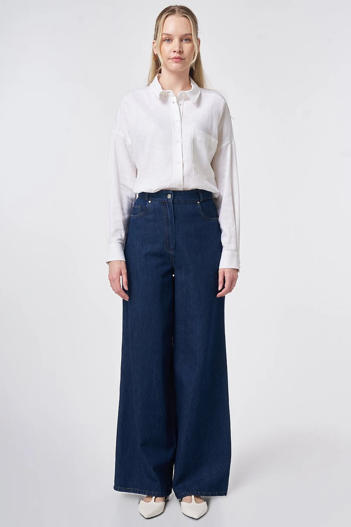 Washed Wide Leg Denim Trousers Navy