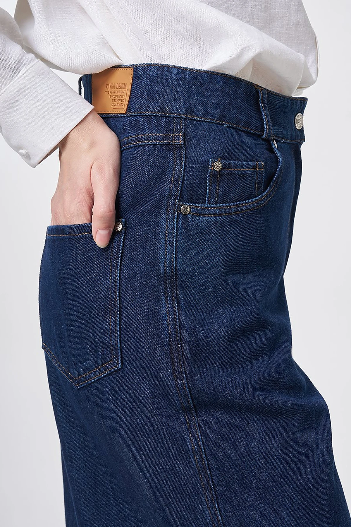 Washed Wide Leg Denim Trousers Navy