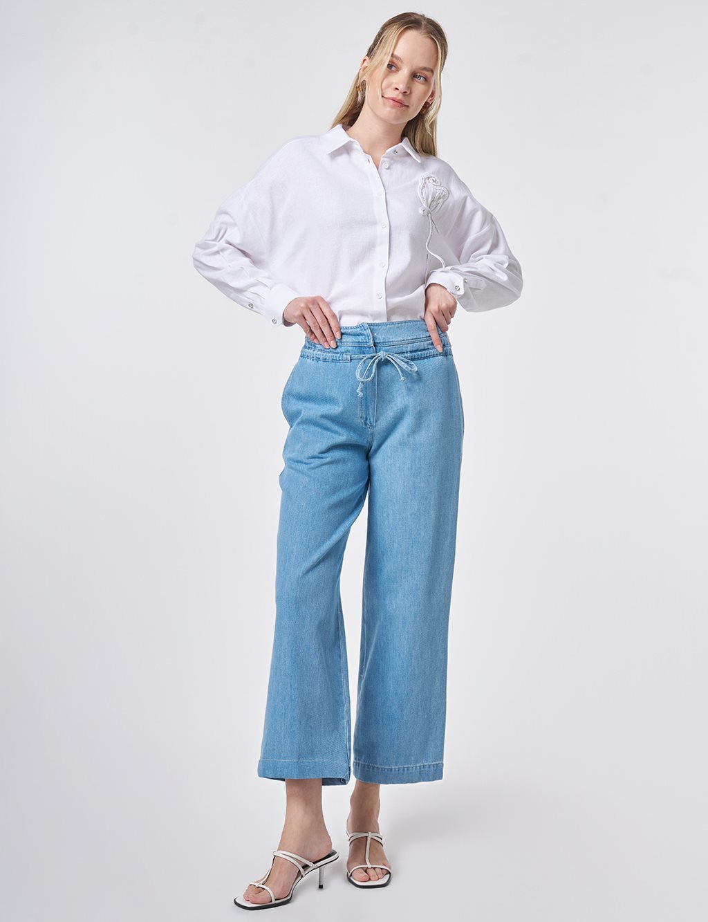 High-Waist Washed Pants Blue