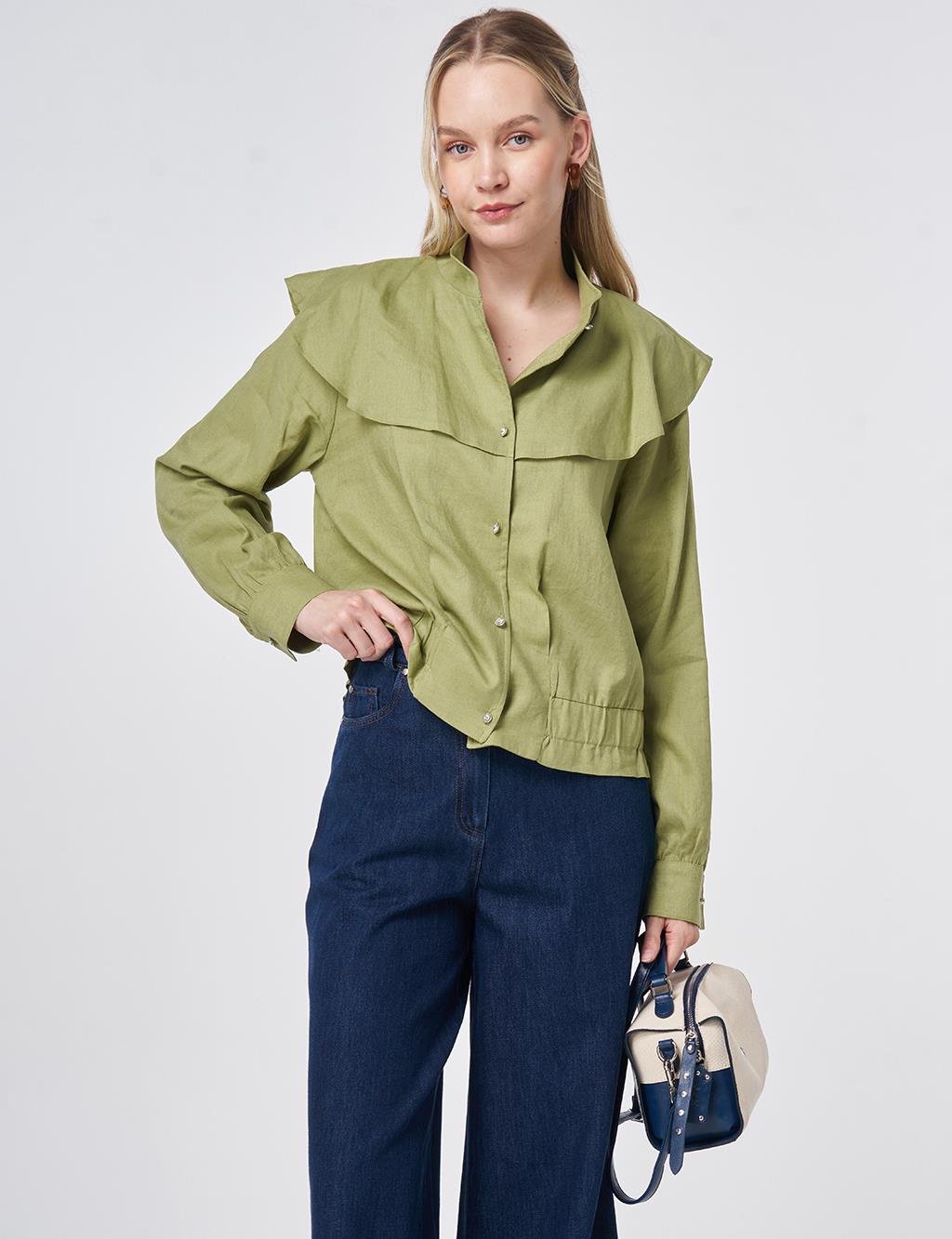 Ruffled Collar Cropped Jacket Matcha Green