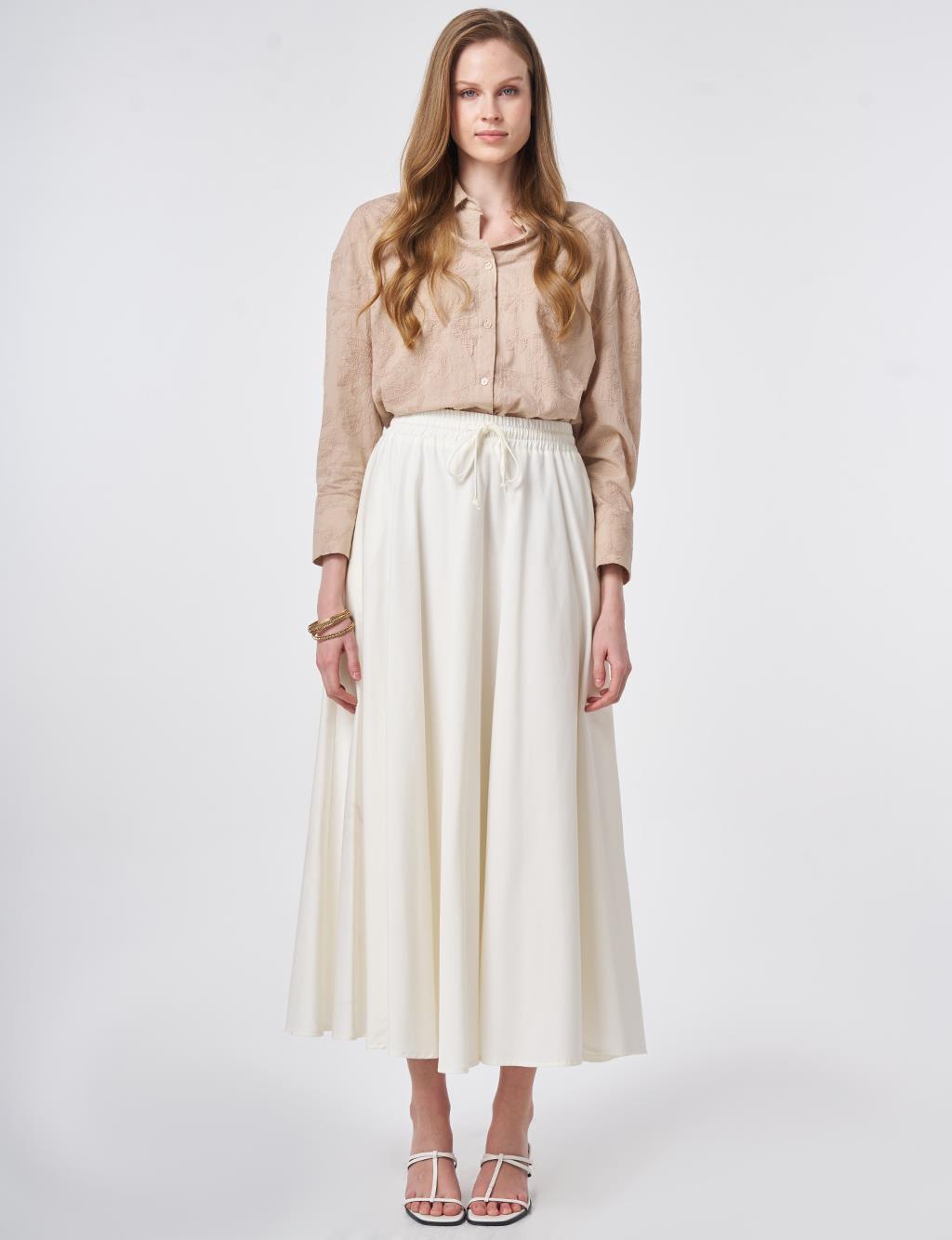 Lastikli Bağcıklı Kloş Etek Ekru