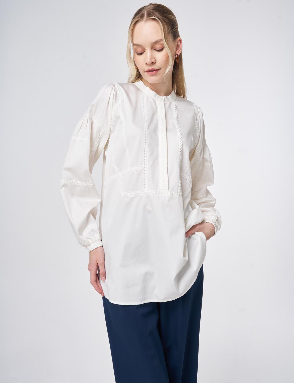 %100 Pamuklu Şerit Fistolu Tunik Ekru 