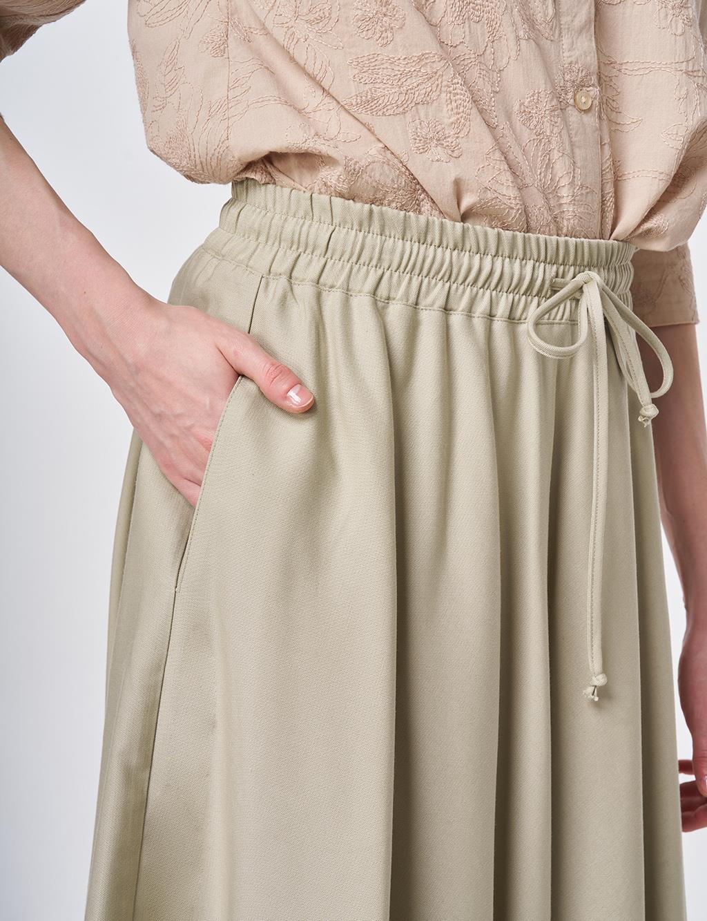 Lastikli Bağcıklı Kloş Etek Küf Yeşili