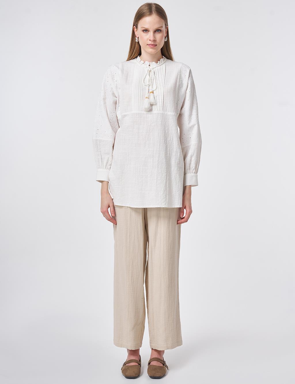 Ribbed Seam Cotton Blouse Off-White