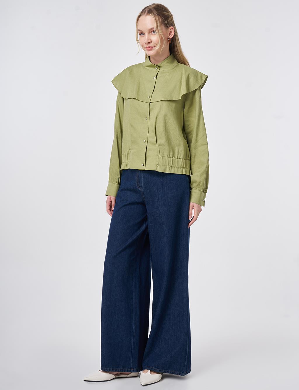 Ruffled Collar Cropped Jacket Matcha Green