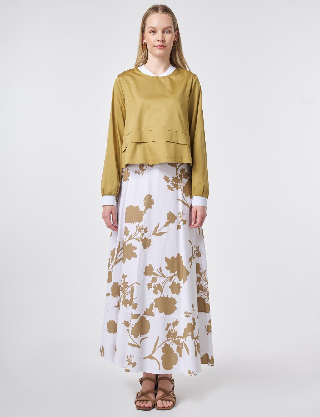 100% Cotton Patterned Skirt Two-Piece Set Olive Green