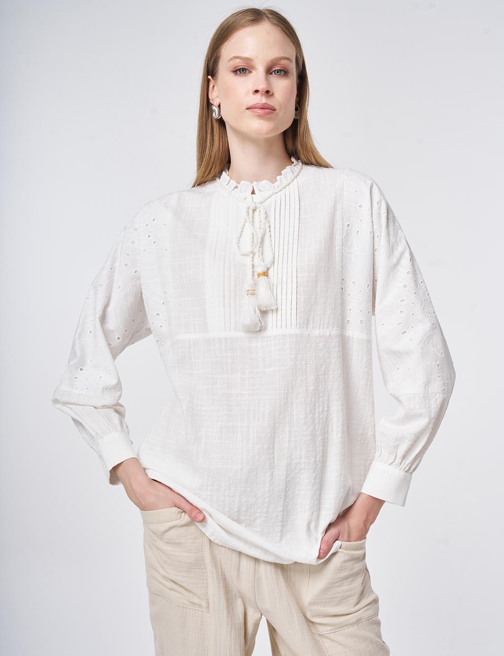 Ribbed Seam Cotton Blouse Off-White