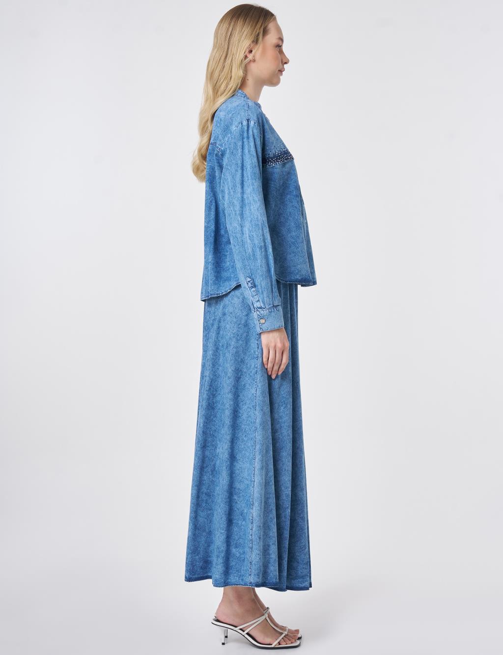 Hotfix Printed Washed Two-Piece Set Blue