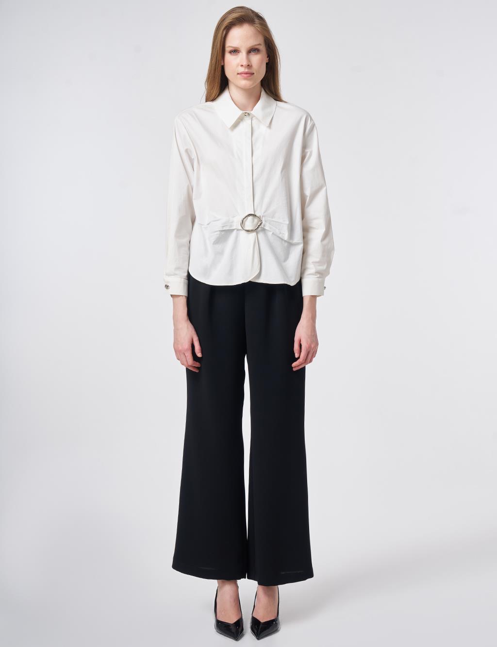 Toka Detaylı Pamuklu Bluz Ekru 