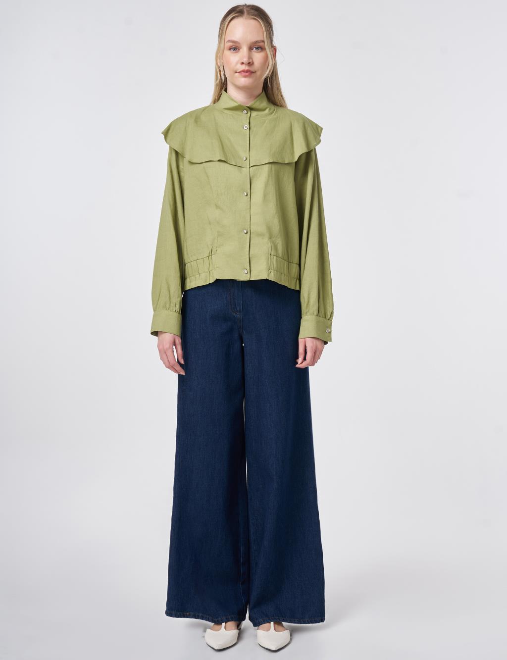 Ruffled Collar Cropped Jacket Matcha Green