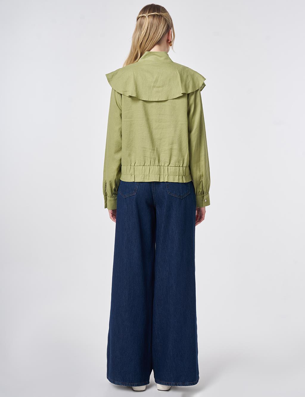 Ruffled Collar Cropped Jacket Matcha Green