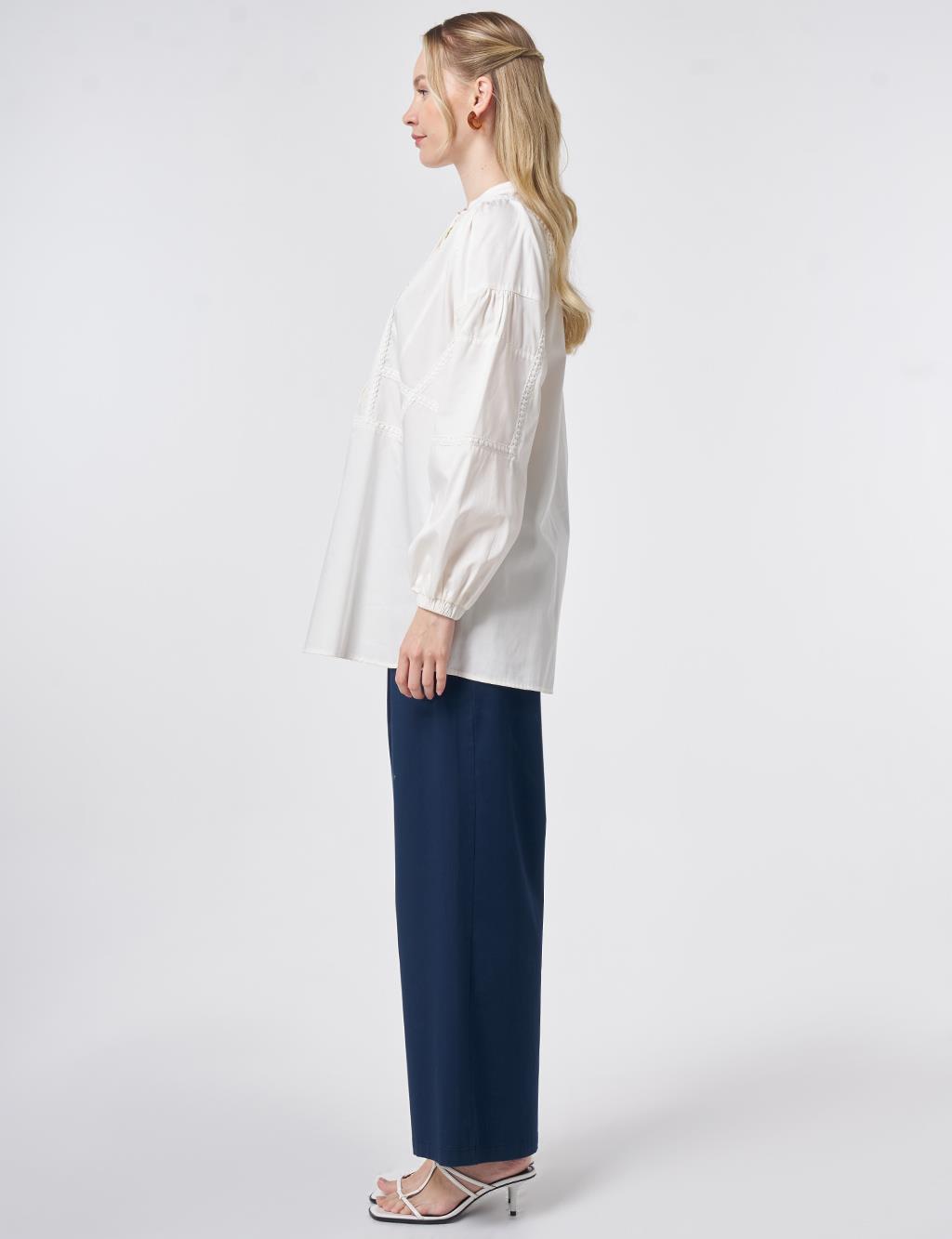 %100 Pamuklu Şerit Fistolu Tunik Ekru 