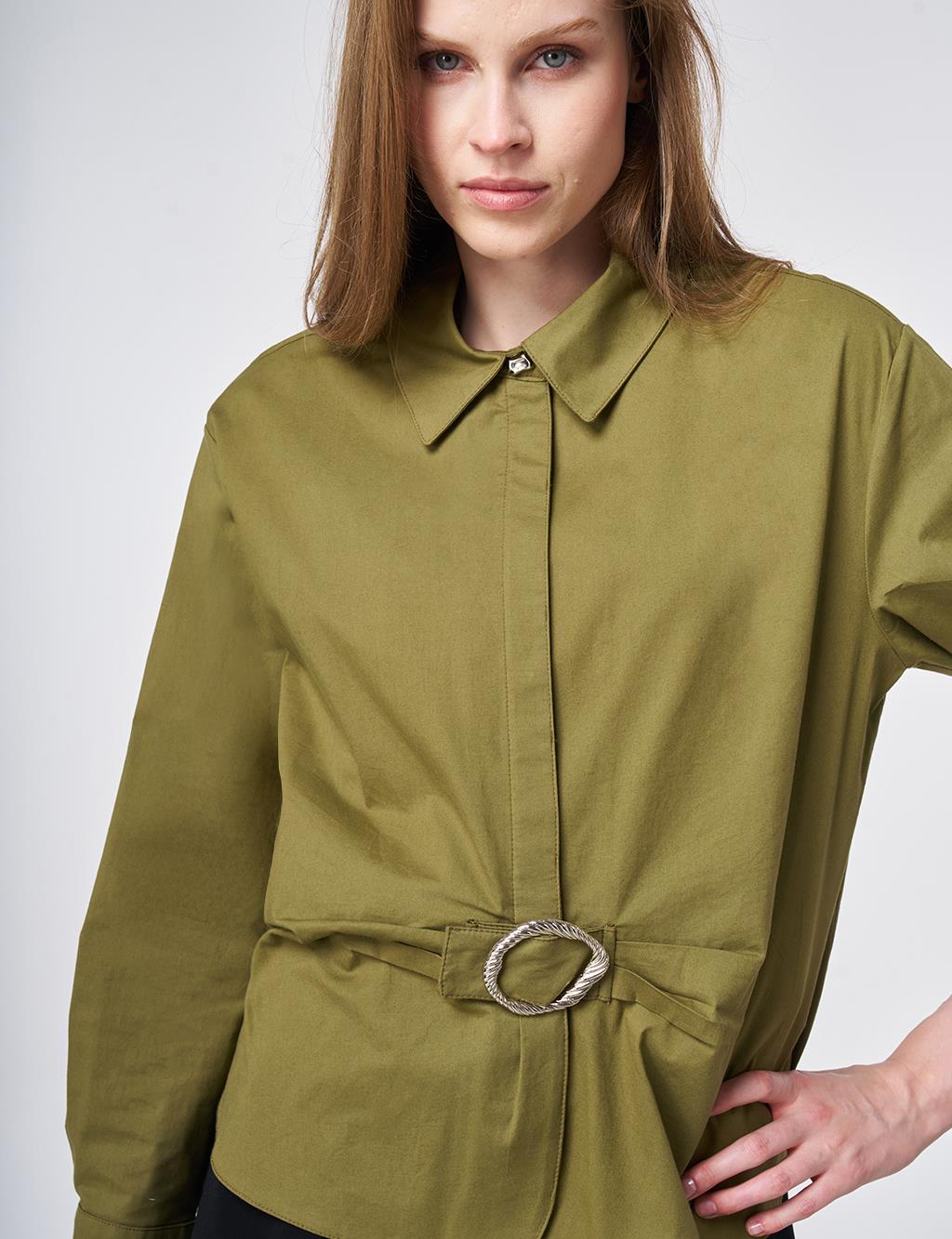 Toka Detaylı Pamuklu Bluz Haki 