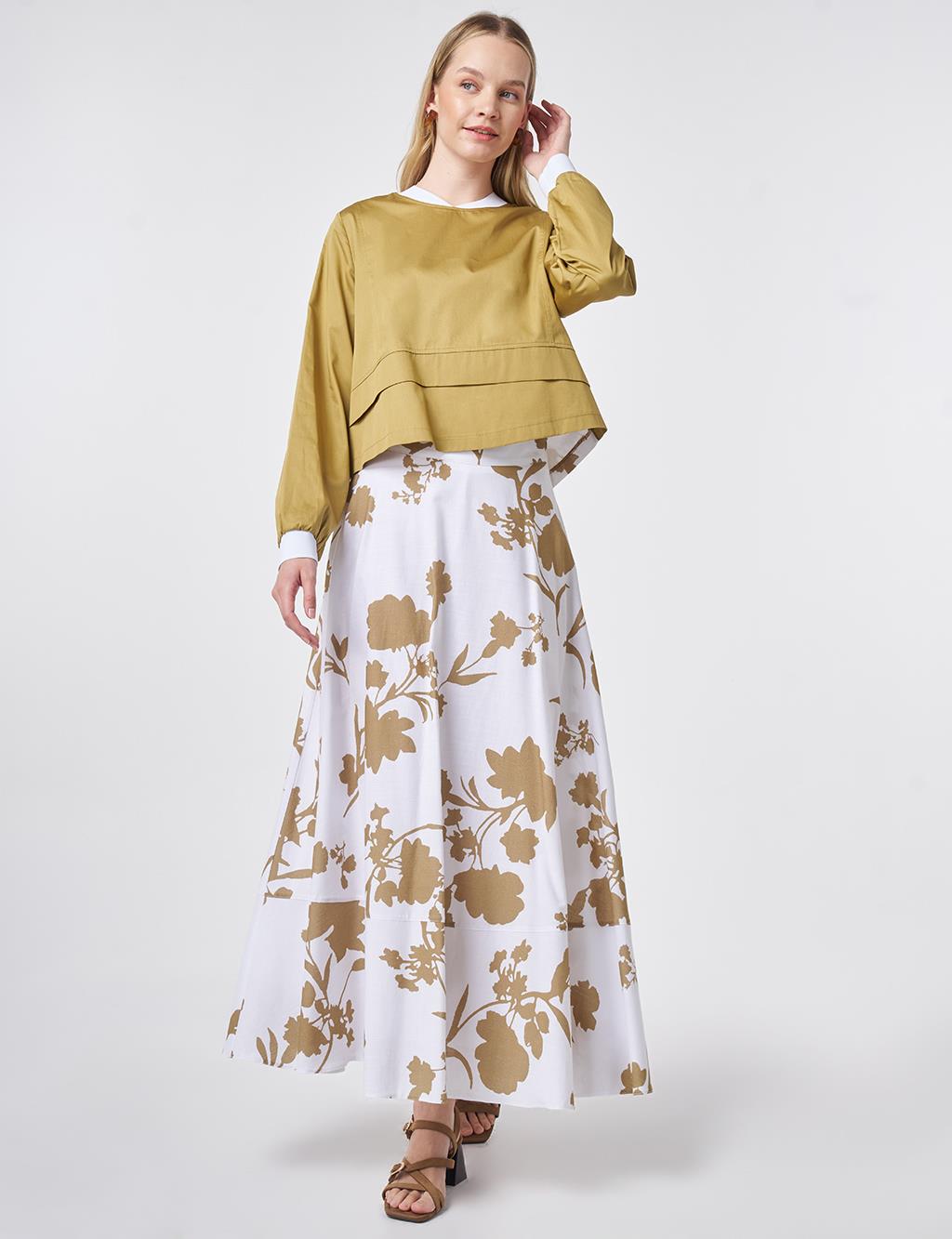 100% Cotton Patterned Skirt Two-Piece Set Olive Green