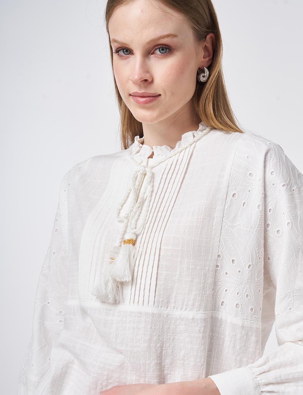 Ribbed Seam Cotton Blouse Off-White