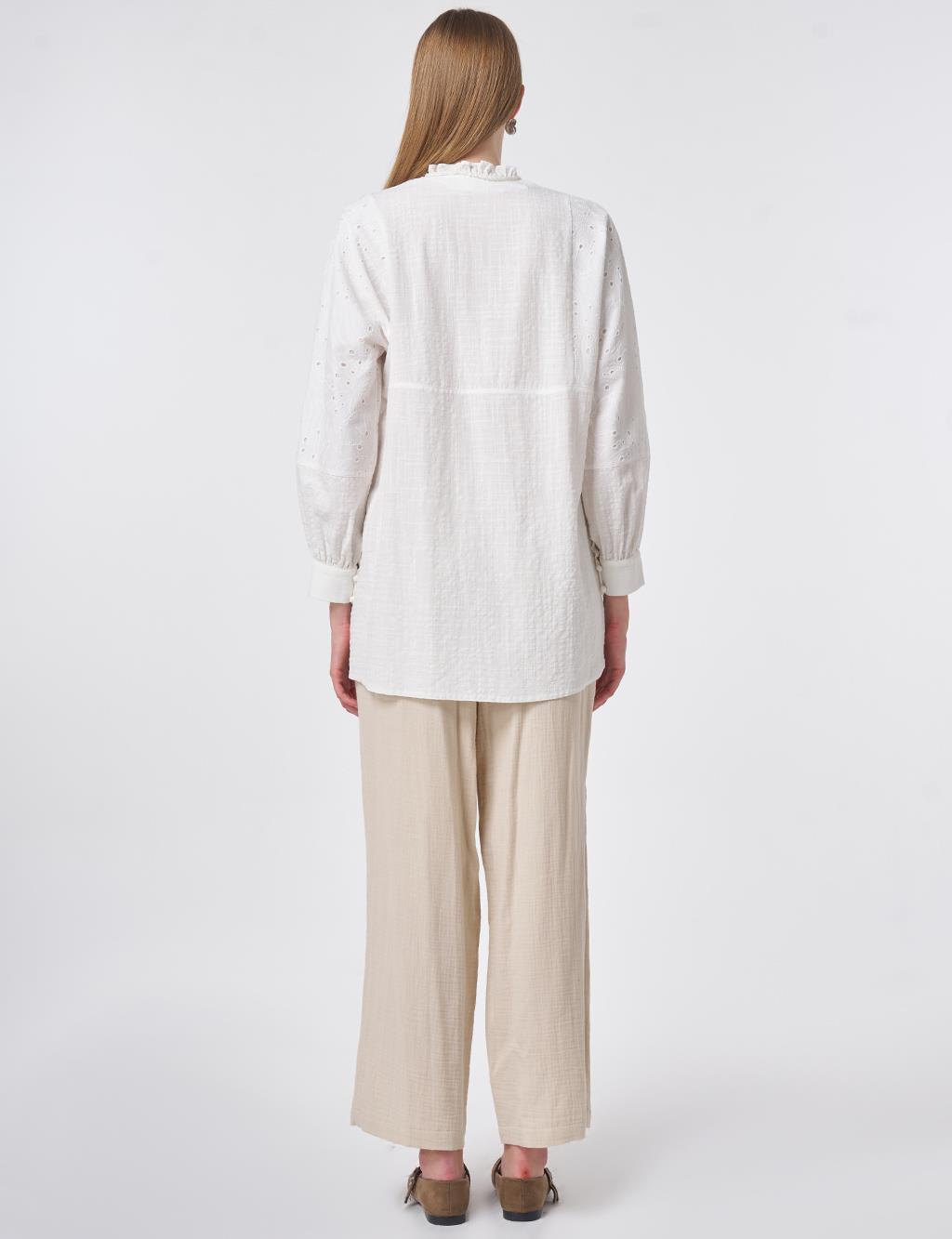 Ribbed Seam Cotton Blouse Off-White