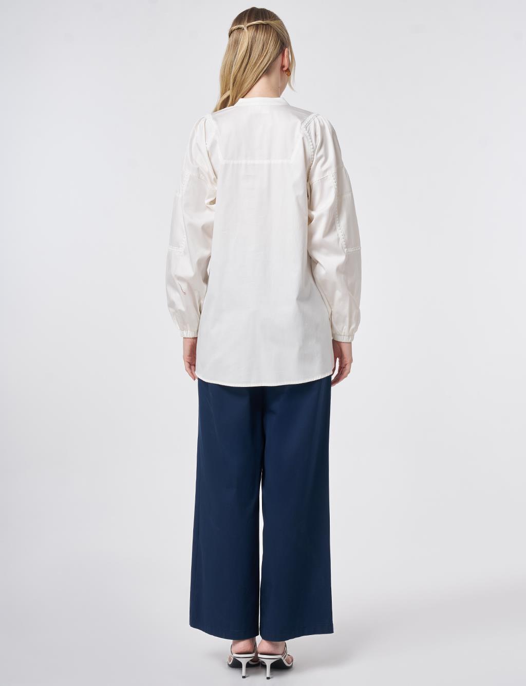 %100 Pamuklu Şerit Fistolu Tunik Ekru 