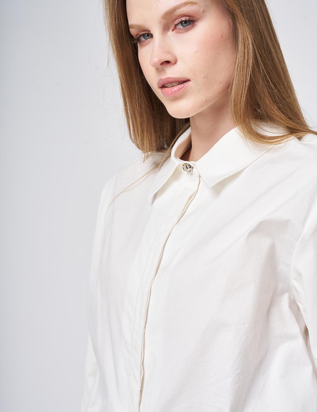 Toka Detaylı Pamuklu Bluz Ekru 