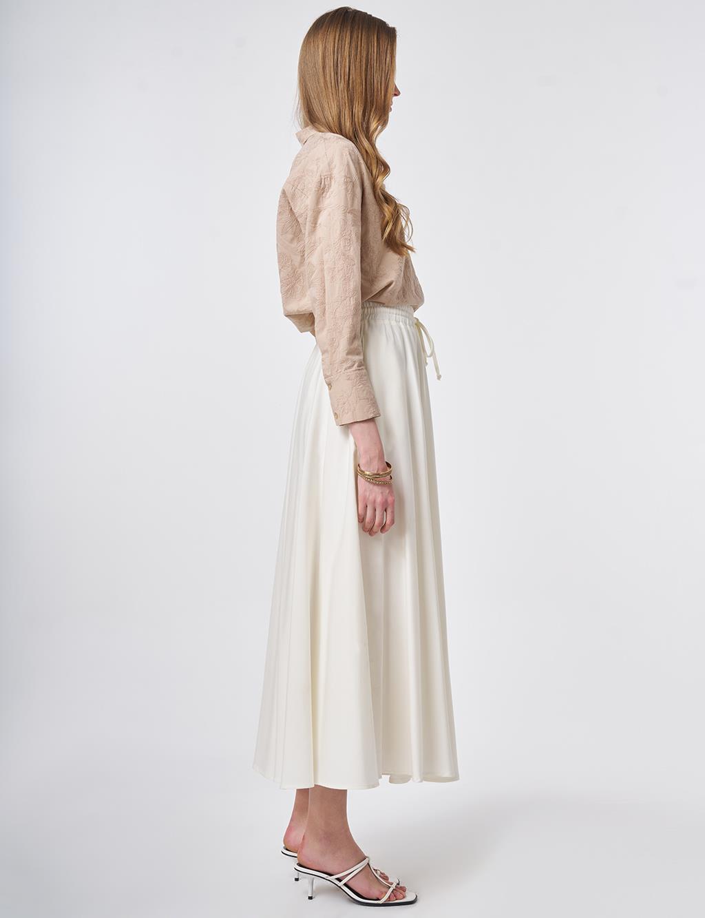 Lastikli Bağcıklı Kloş Etek Ekru