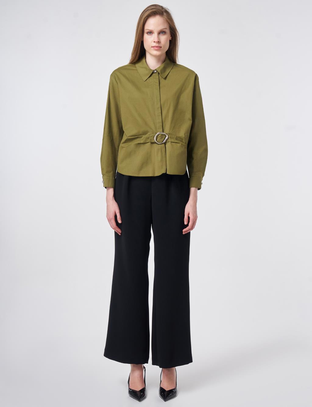 Toka Detaylı Pamuklu Bluz Haki 