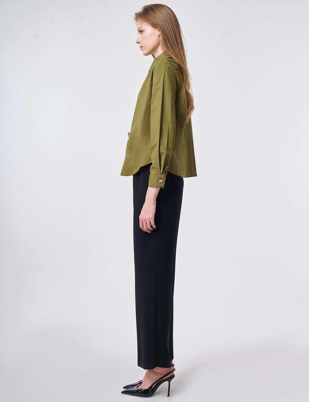 Toka Detaylı Pamuklu Bluz Haki 