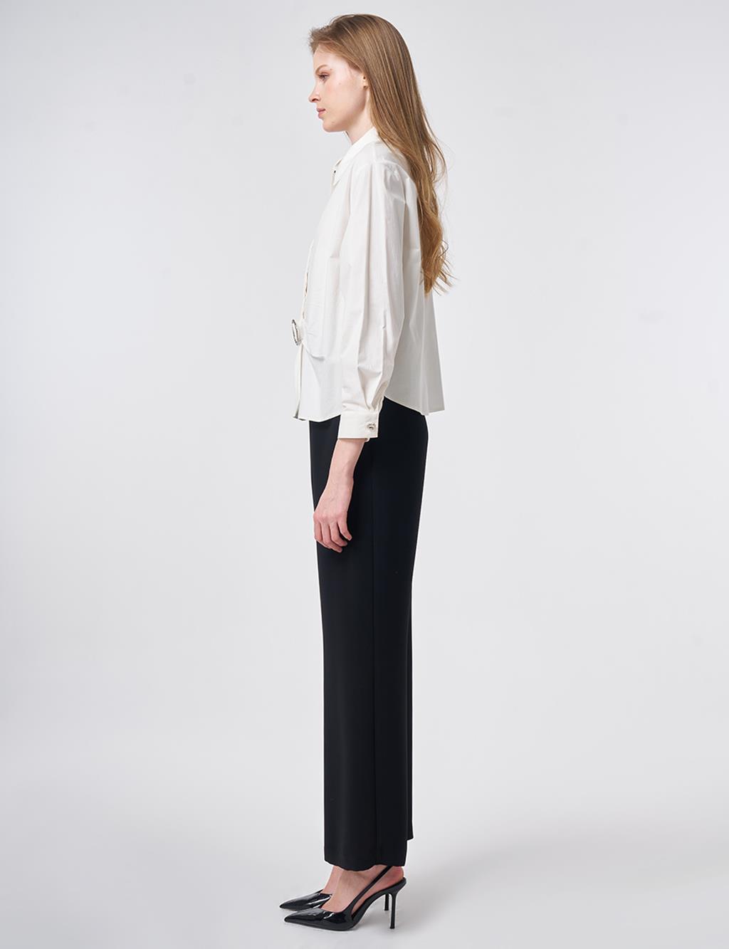 Toka Detaylı Pamuklu Bluz Ekru 