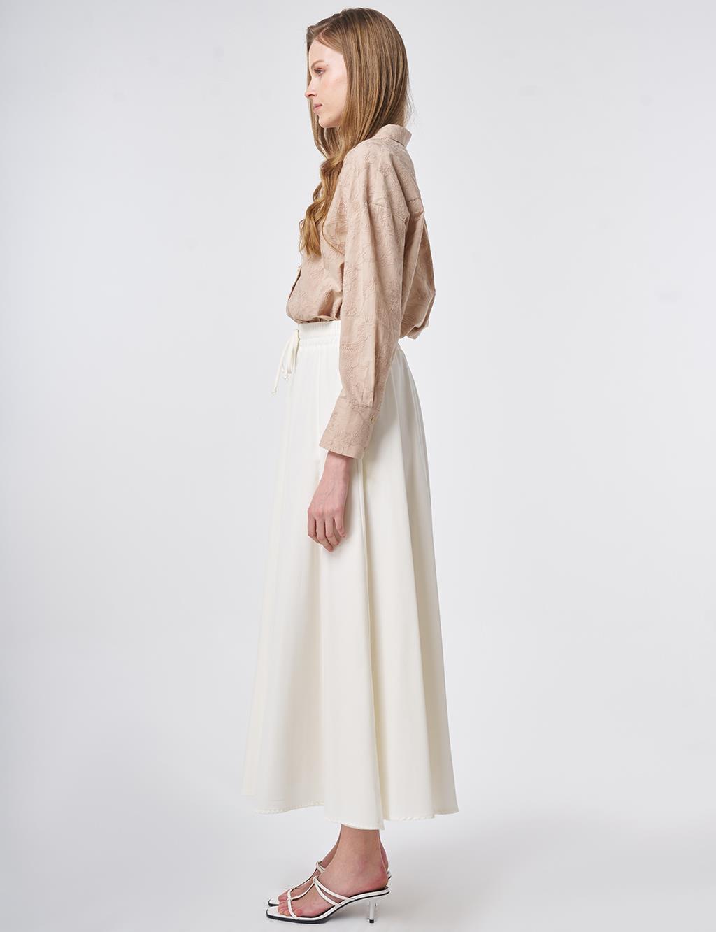 Lastikli Bağcıklı Kloş Etek Ekru