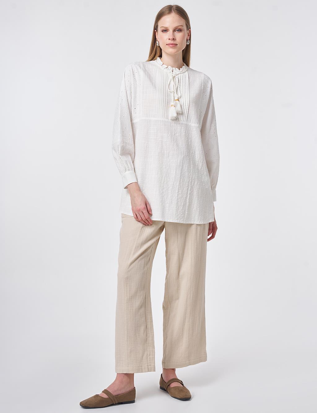 Ribbed Seam Cotton Blouse Off-White
