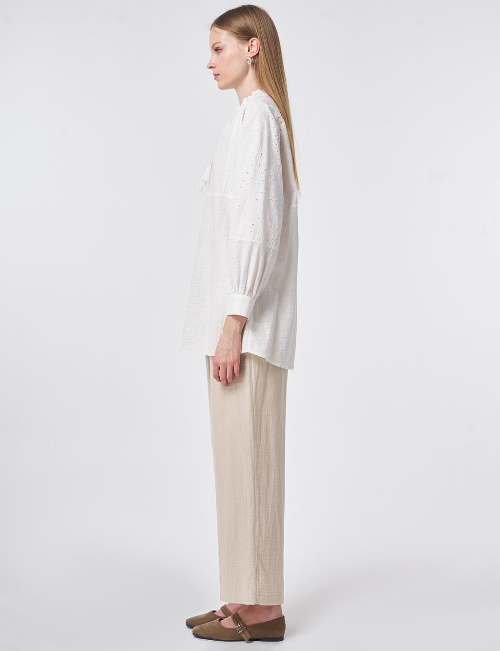 Ribbed Seam Cotton Blouse Off-White
