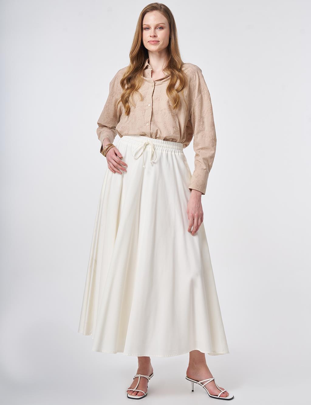 Lastikli Bağcıklı Kloş Etek Ekru