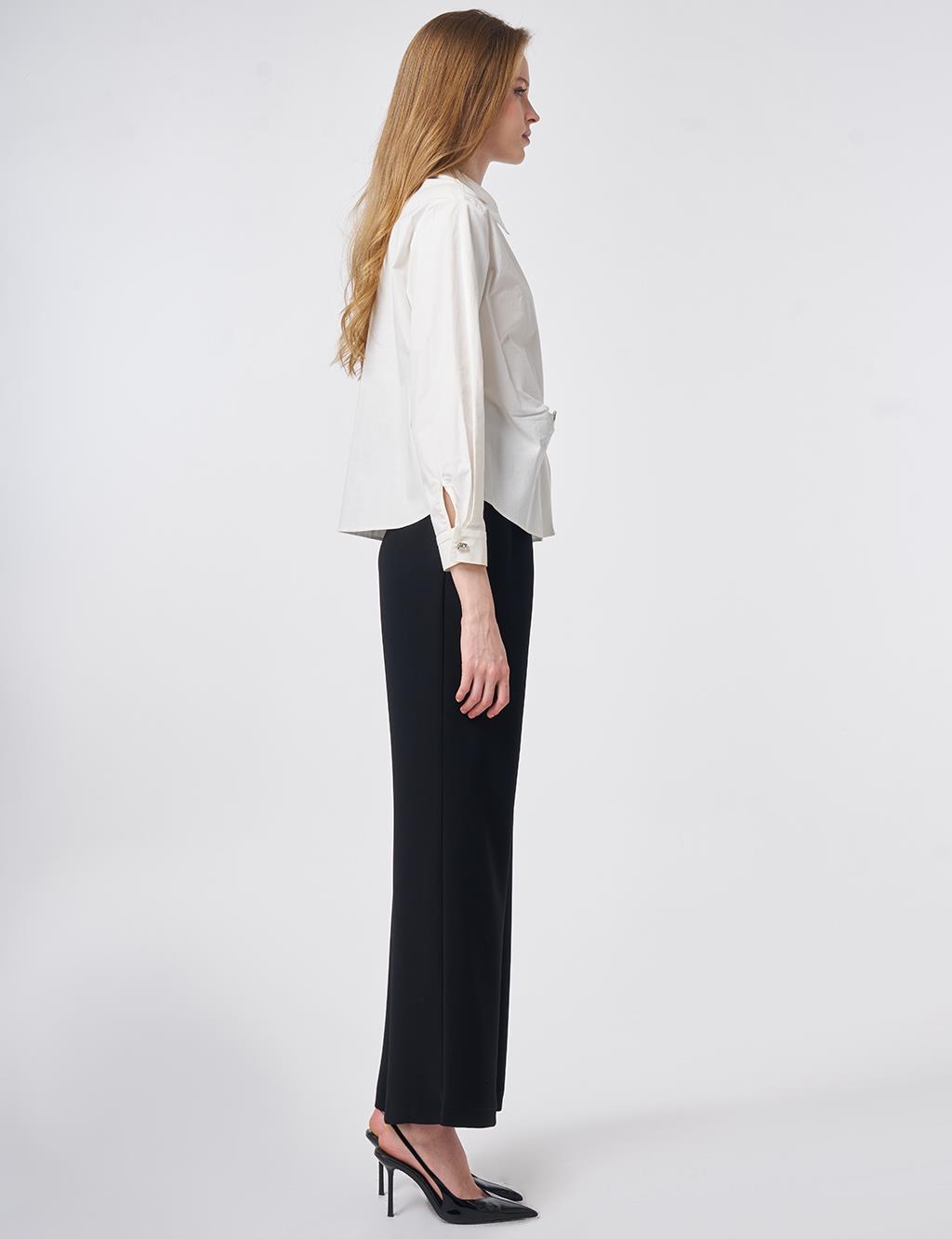 Toka Detaylı Pamuklu Bluz Ekru 