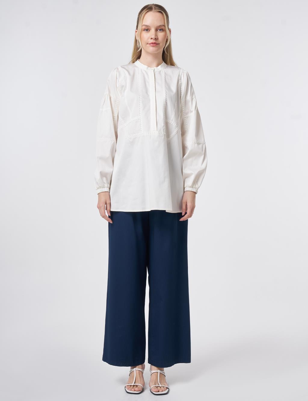 %100 Pamuklu Şerit Fistolu Tunik Ekru 