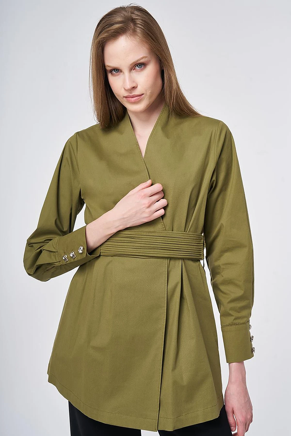 Cotton Jacket with Waist Detail Khaki