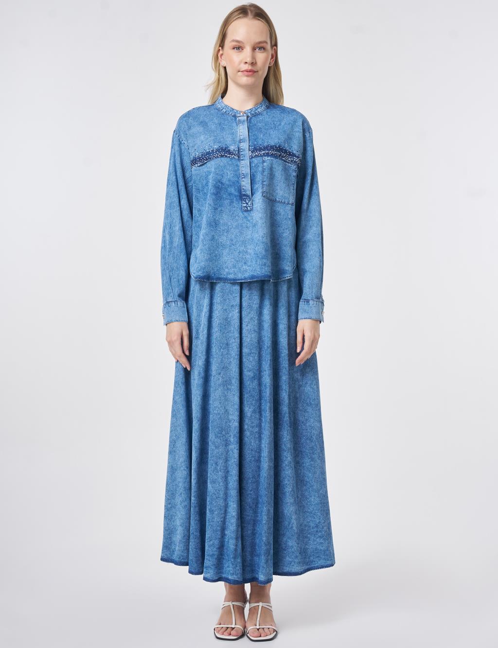 Hotfix Printed Washed Two-Piece Set Blue