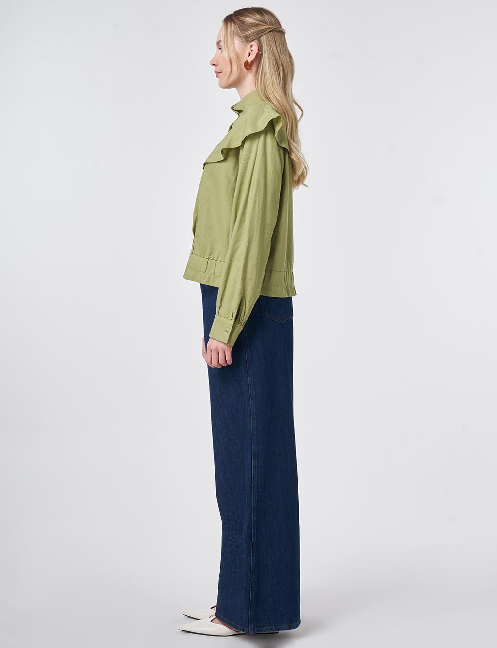 Ruffled Collar Cropped Jacket Matcha Green