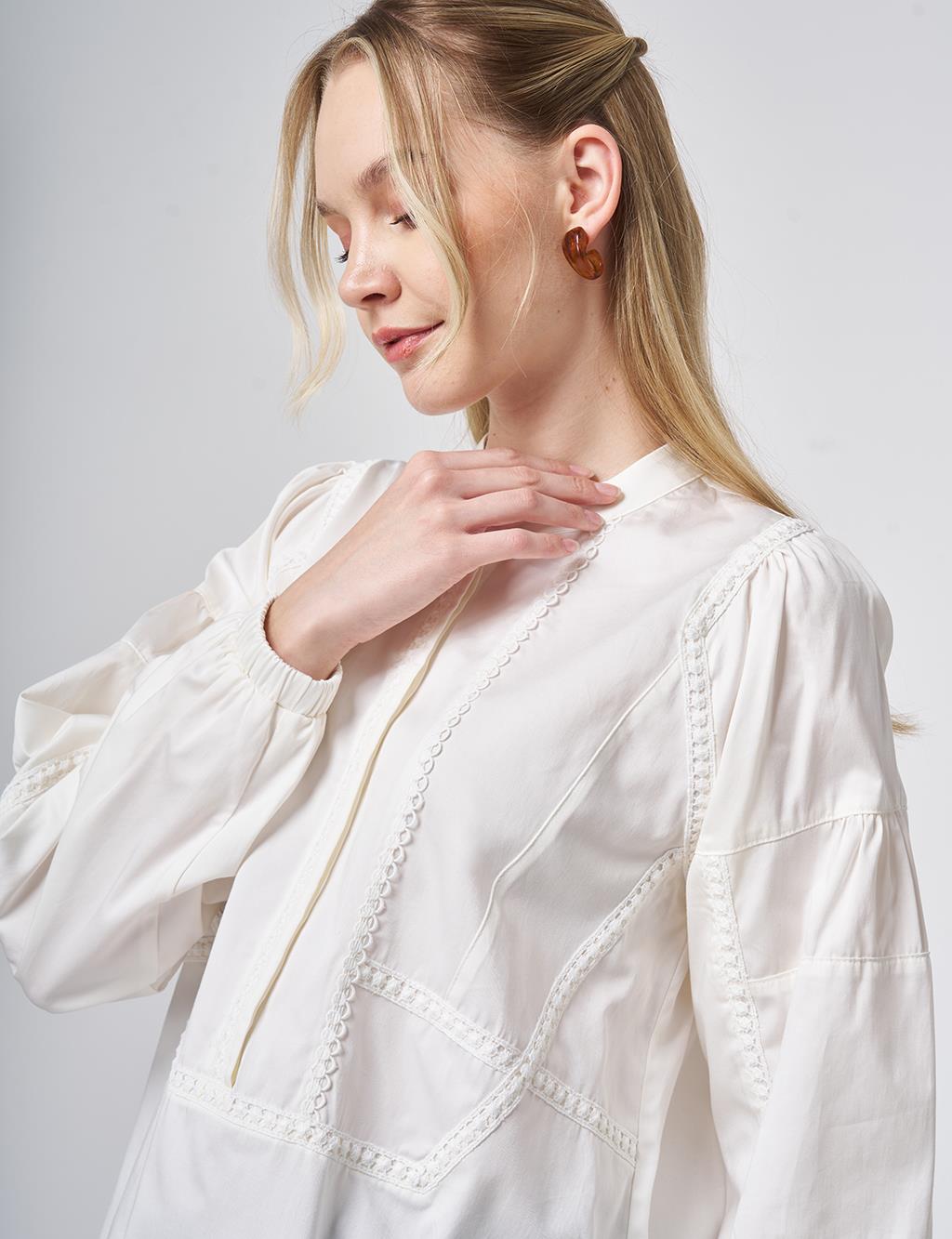 %100 Pamuklu Şerit Fistolu Tunik Ekru 