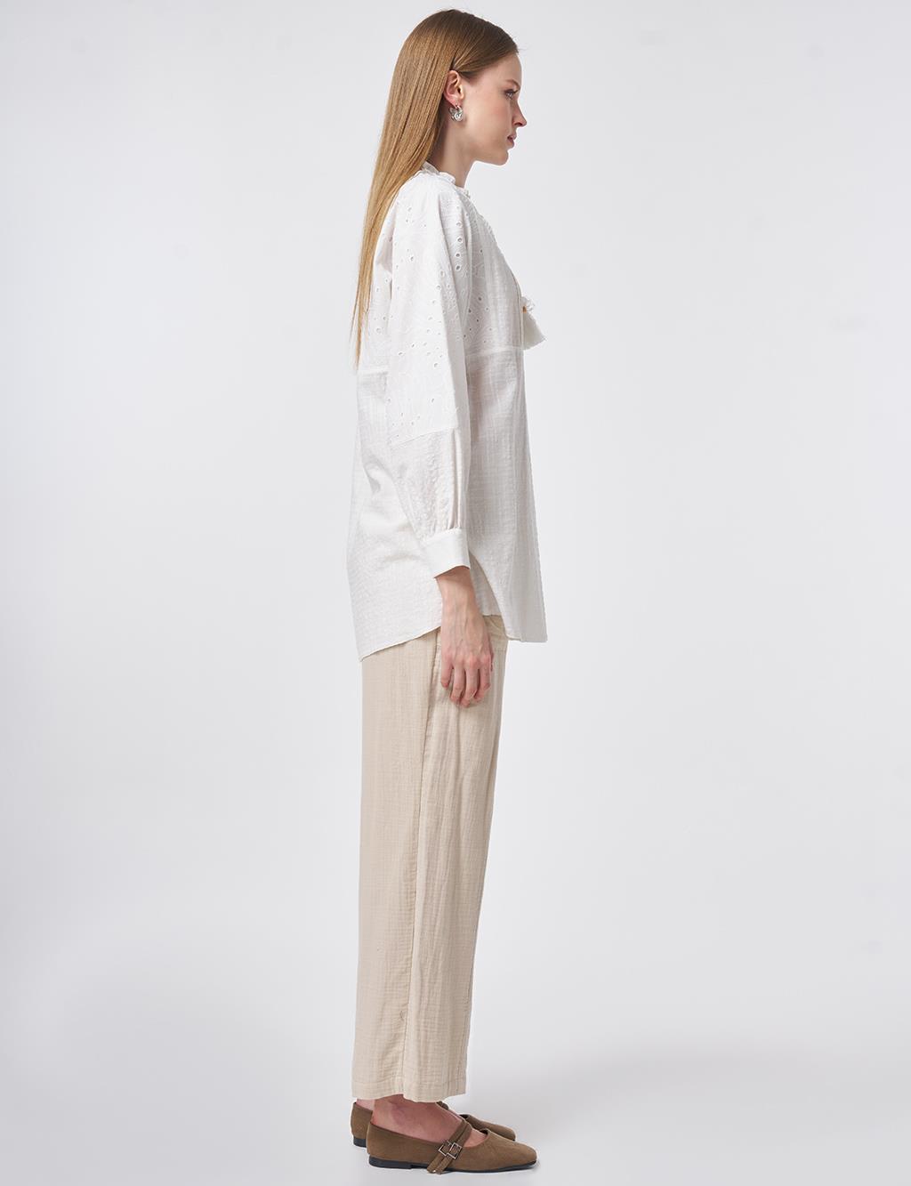 Ribbed Seam Cotton Blouse Off-White