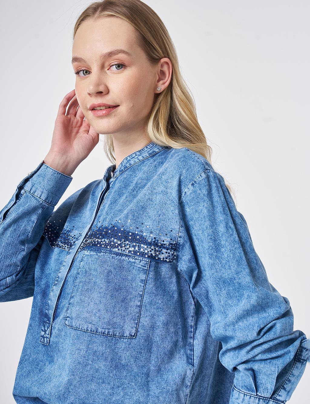 Hotfix Printed Washed Two-Piece Set Blue